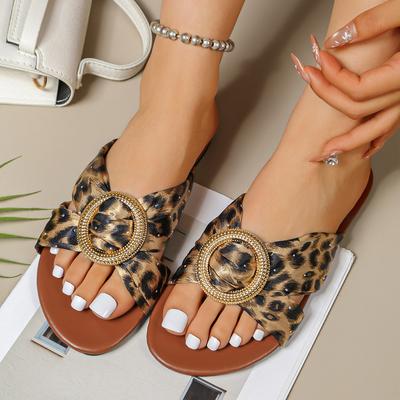 Sexy Leopard Print Flache Hausschuhe für Damen Zehentrenner Sandalen mit Metallknopf für Damen Große Größe 43 Sommer Outdoor Hausschuhe