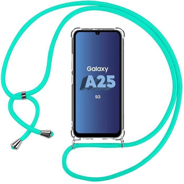 Coque - BOOLING - pour Samsung Galaxy A25 5G - Protection Antichoc - Silicone Transparent - Lanière Turquoise