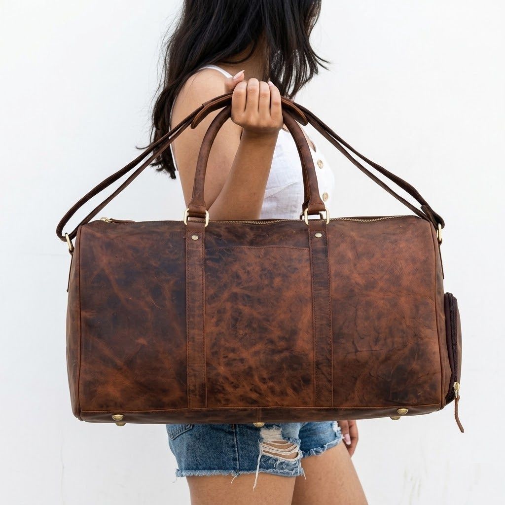 Mala Duffel de Couro de Vaca Personalizada:" Bolsa de Viagem Weekender