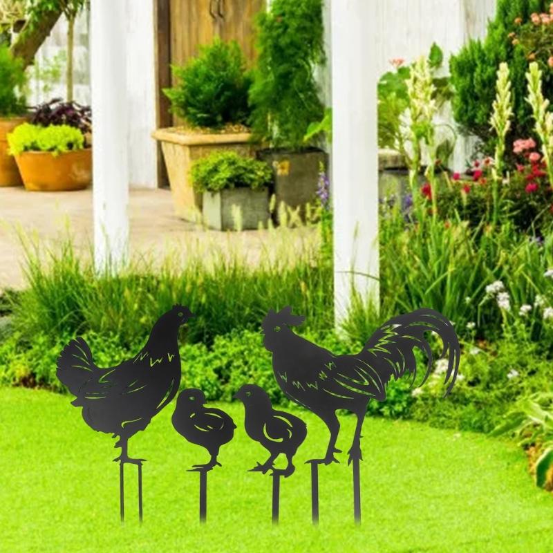 Metal Garden Stakes Rooster Hen with Chicks Outdoor Art Animal Decorations Outside Decor Yard Garden Ornaments