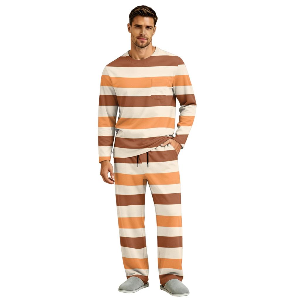 Men's Long Sleeve Pajama Set with Button Crotch and Elastic Drawstring Waist Pants for Home Loungewear