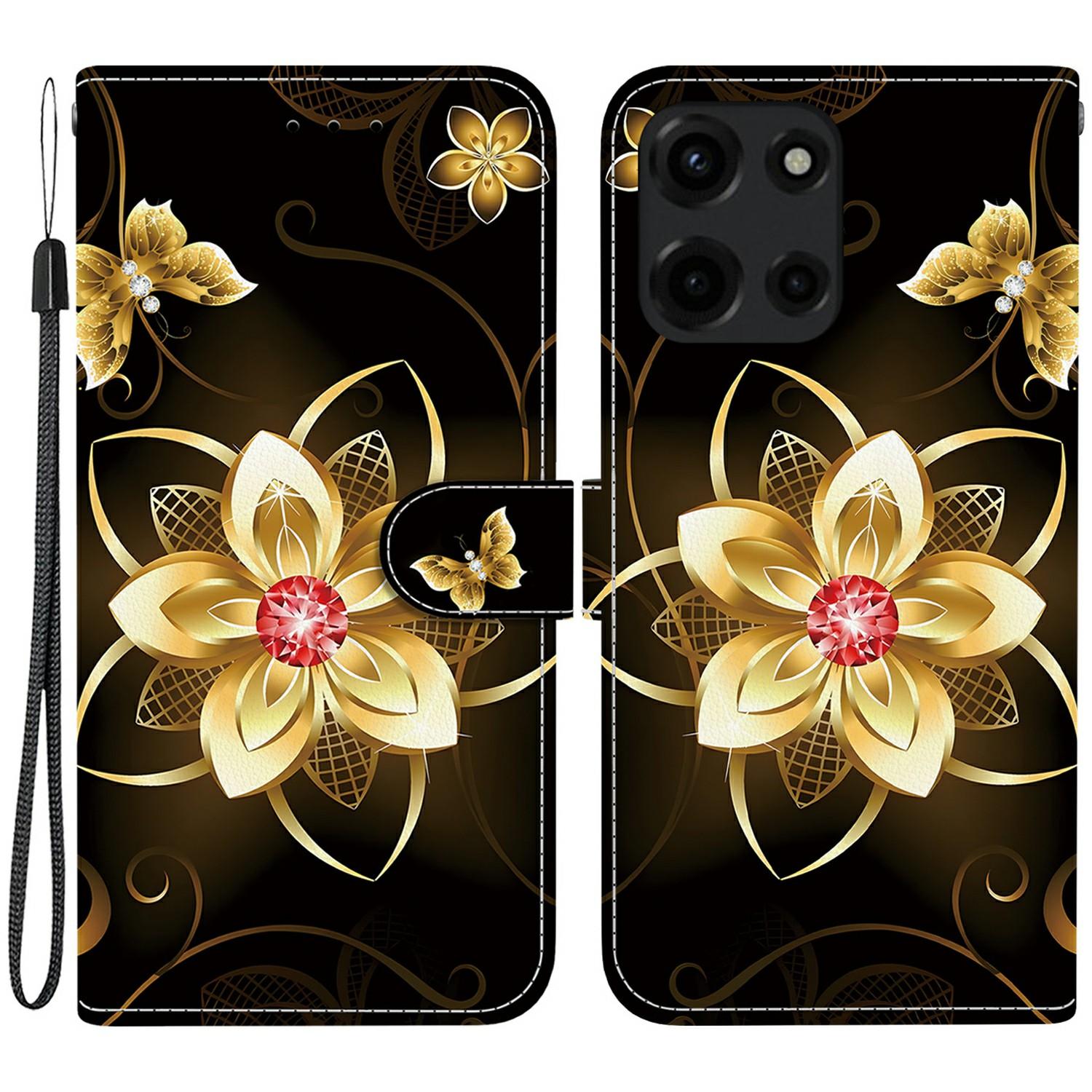 

Для Motorola Moto G Power (2025) Чехол с печатью узора, противоударный, кожаный, откидной кошелек, чехол для телефона со шнурком Golden Flower