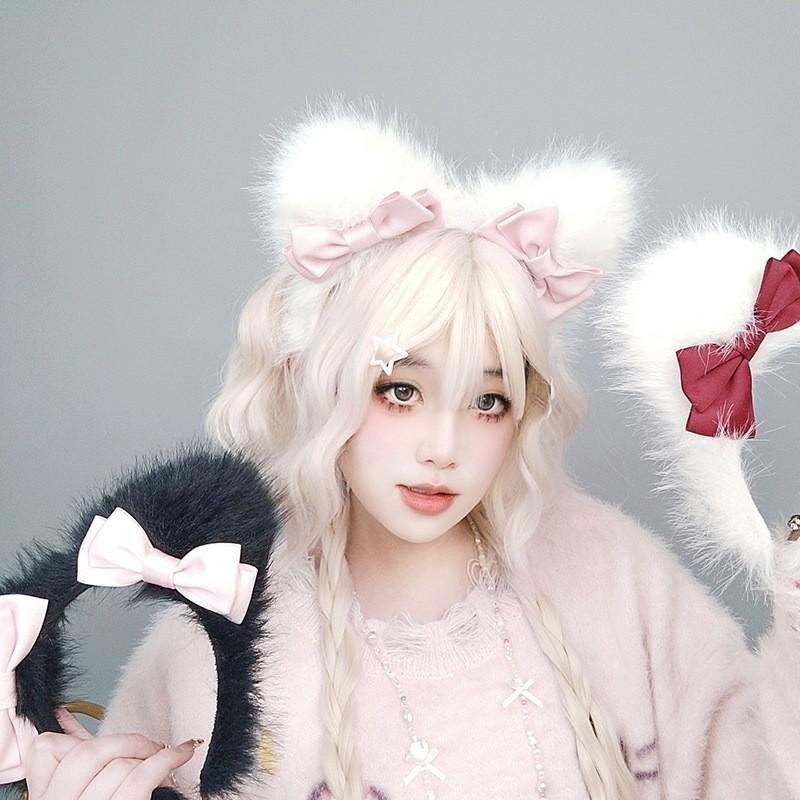 Süßes Katzenohren-Stirnband mit Schwanz-Set Cosplay Anime Convention Lolita Kostümzubehör Plüsch Weiß Rosa Blau Rot Schwarz