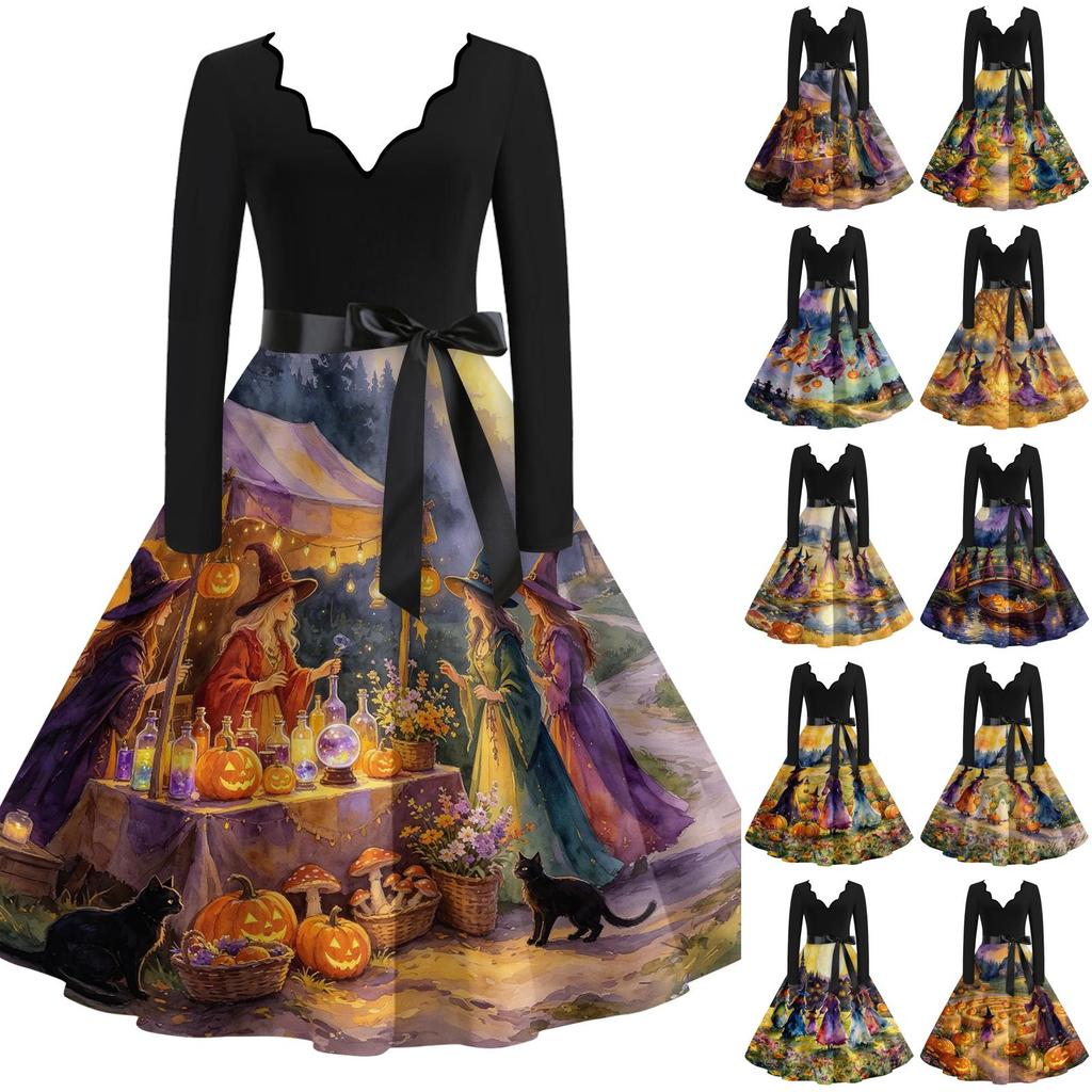 Women's V-Neck Long Sleeve Vintage Halloween Print Dress for Casual Everyday Wear