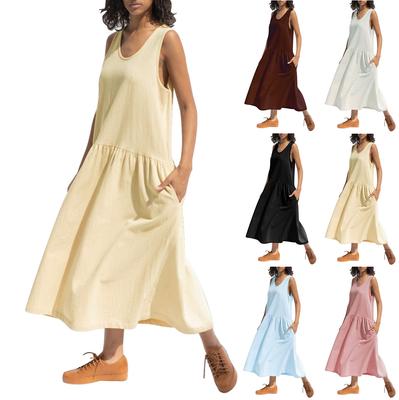 Damenmode, lässig, einfarbig, ärmellos, V-Ausschnitt, Baumwollleinen, Taschenkleid