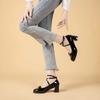 Moda Tacones Altos Negros Zapato de Mujer Hebilla al Tobillo Zapatos Retro Mary Jane Primavera Tacones de Punta Redonda Charol Lazo Mocasines Tacones Mujer