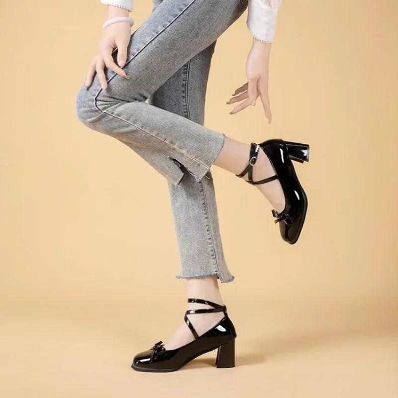 Pantofi de damă la modă cu toc înalt negru, cu cataramă la gleznă, retro, pantofi Mary Jane, primăvară, cu vârf rotund, pantofi cu toc, pantofi lăcuiți cu fundă, mocasini, tacones mujer