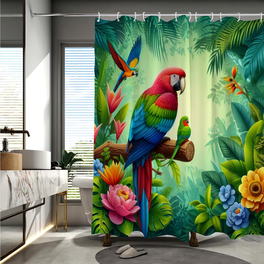 Tropical Parrot Cartoon Shower Curtain, Jungle Design, Colorful Flowers & Greenery, Machine Washable, Polyester Bathroom Decor