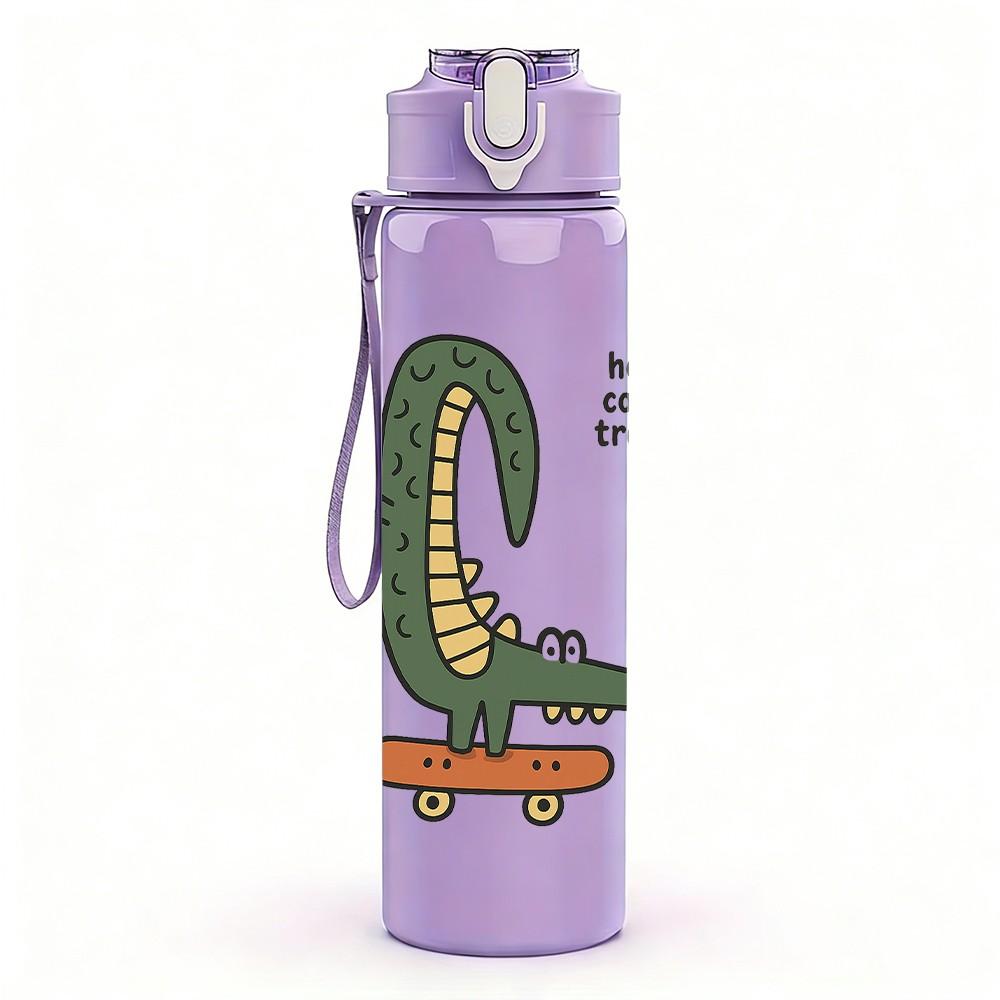 1PC Skateboarding Crocodile Art 750ml Color Plastic Sports Water Bottle Leakproof Flip Straw Lid Suitable for Sports Office Home Use