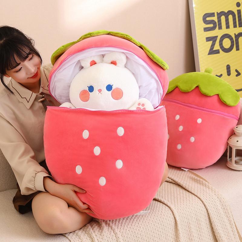 Creative Plush Toy Stuffed Soft Rabbit Pig Hiding in Strawberry Bag  Fruit Animal Pillow Toys Gift New