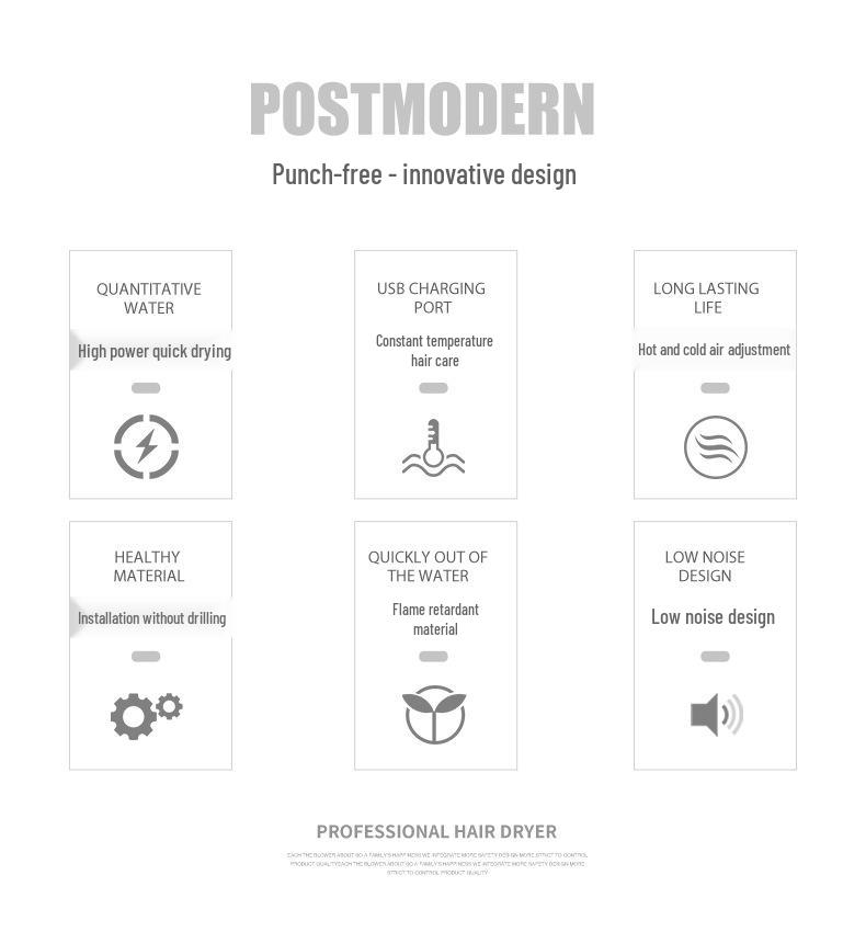 High-Power Wall-Mounted Hotel Hair Dryer with Punch-Free Installation and Customizable Logo