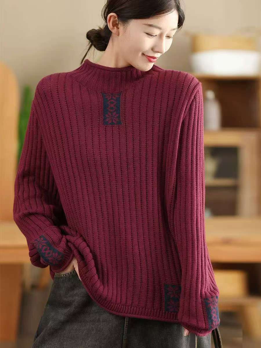 

Johnature Женский зимний модный винтажный принт с воротником-стойкой, в китайском стиле, с длинными рукавами, однотонный свободный свитер One Size красный