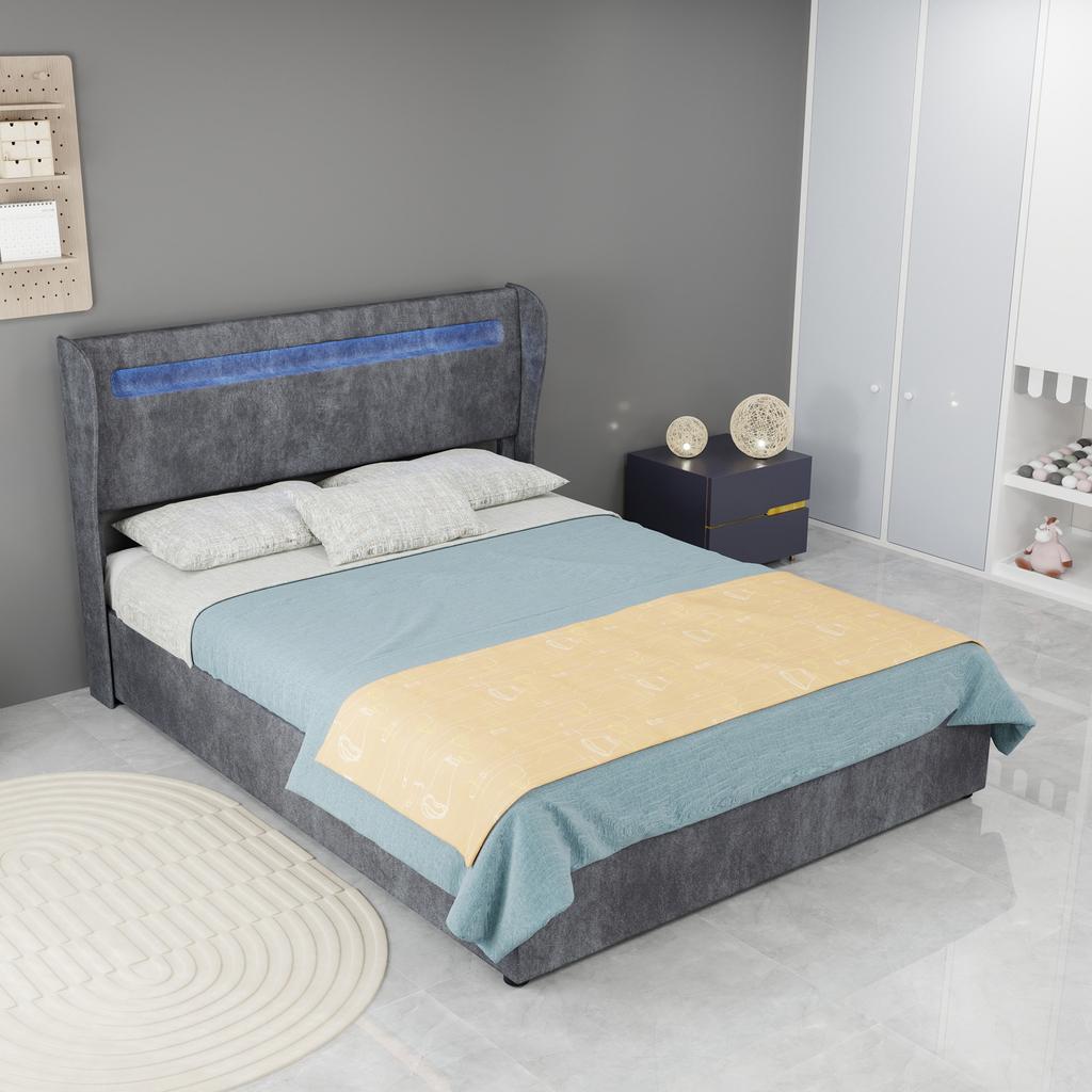 Modern Minimalist Upholstered Bed with LED-Integrated Headboard, 140*200 Cm, Grey, Storage Base with Gas Lift Mechanism,Included 140*200mattress