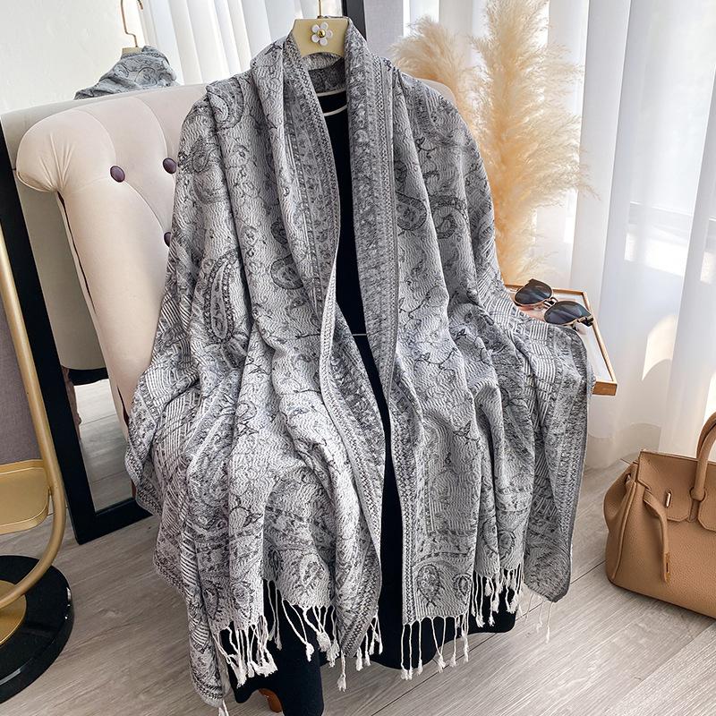 Jacquard Scarf Shawl Tassel Cashew Jacquard Ethnic Style Scarf Women's Autumn and Winter Retro Scarf Warm and Cold-proof Shawl