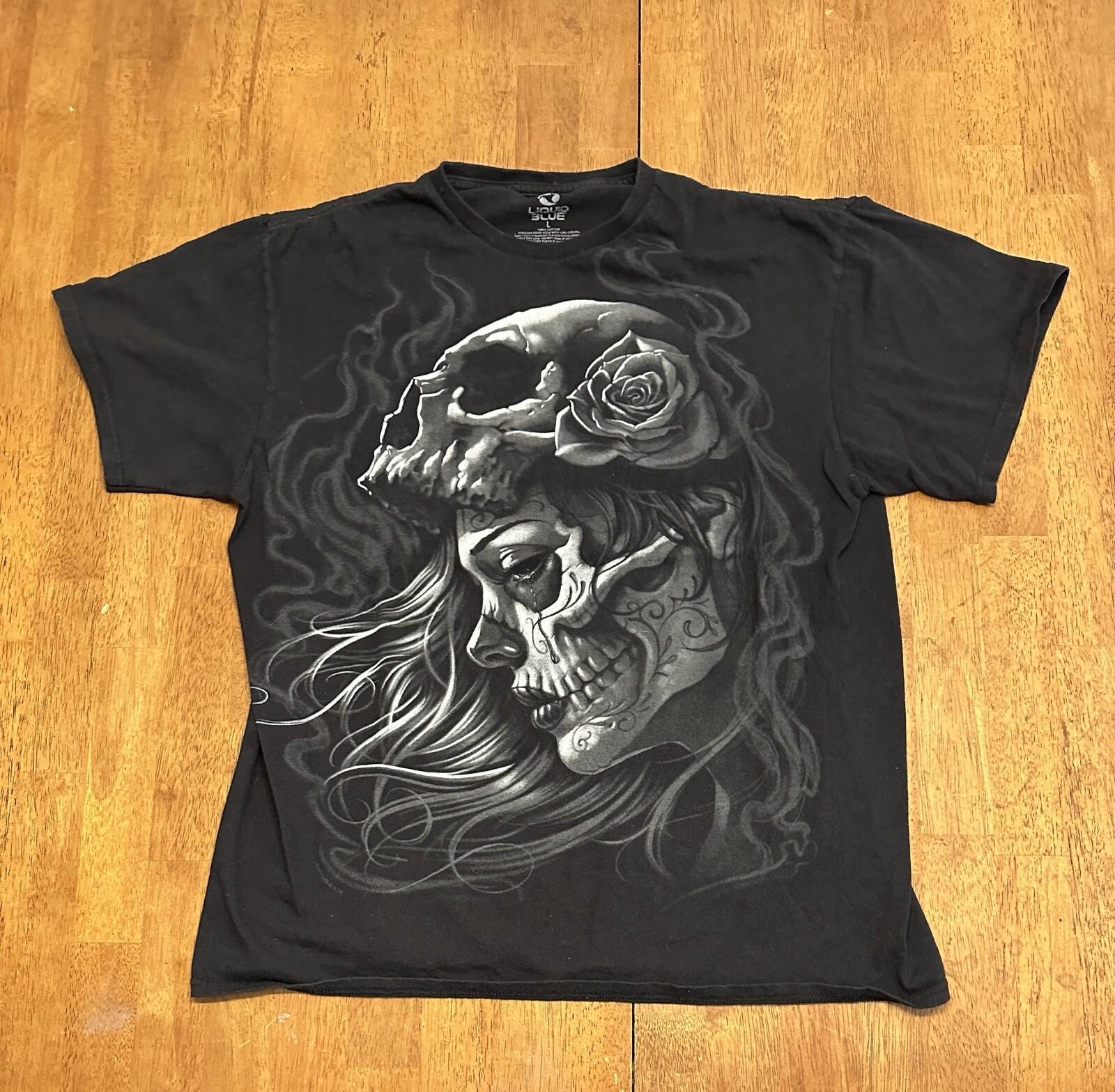 Liquid Blue T Shirt Large Women’s Skull Rose Unisex T-Shirt M