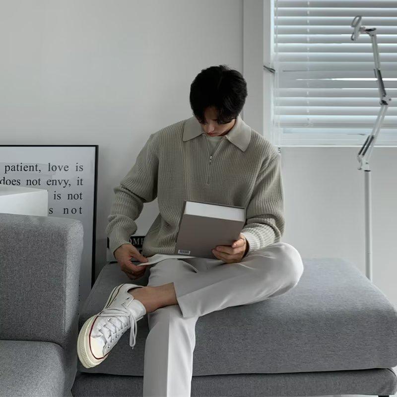 Men's Retro Half-Zip Turn-Down Collar Sweater, Autumn/Winter Style, Loose Casual Knitwear.