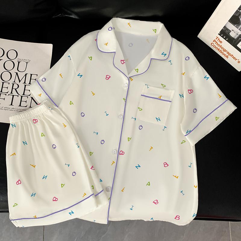 Simple Ice Silk Pajamas Women'S Summer Dopamine Letter Short-Sleeved Suit Lazy Style Loungewear