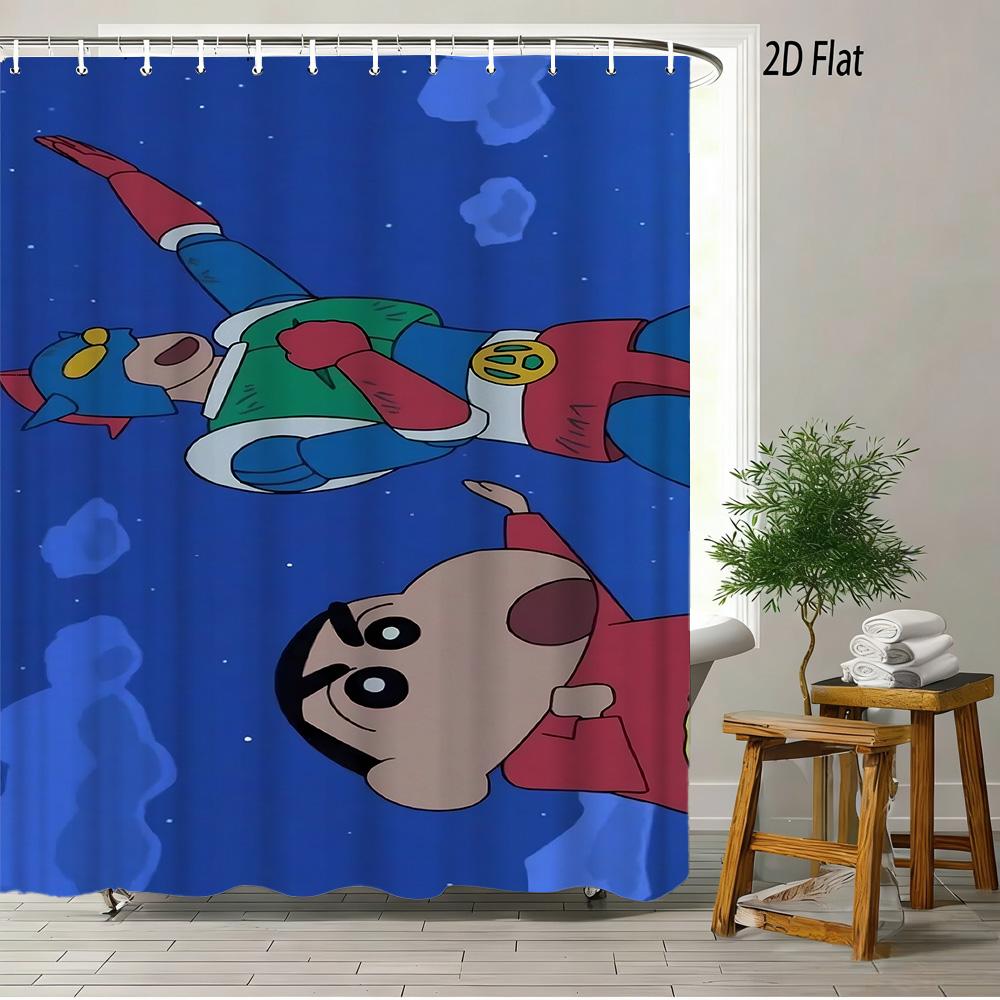 Crayon Shin-Chan & Friends & Shiro & Strange Creature On Green Grass Scene 2D Print Waterproof Shower Curtain, Bright Green Bath