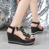 Summer New Large Size Women's Wedge Heel Sandals Bow Foot Muffin Rhinestone Bottom Fish Mouth Sandals