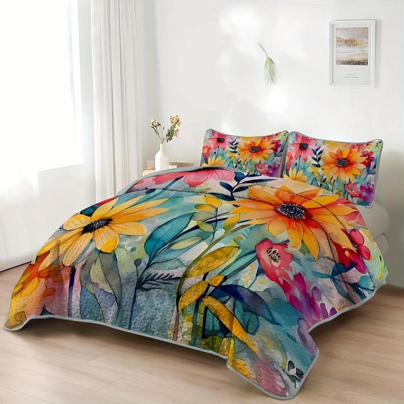 Vibrant Floral Quilt Set 1 Quilt+2 Pillowcases Floral Quilt Set Cozy Lightweight Watercolor Flower Bedding King Queen Sizes