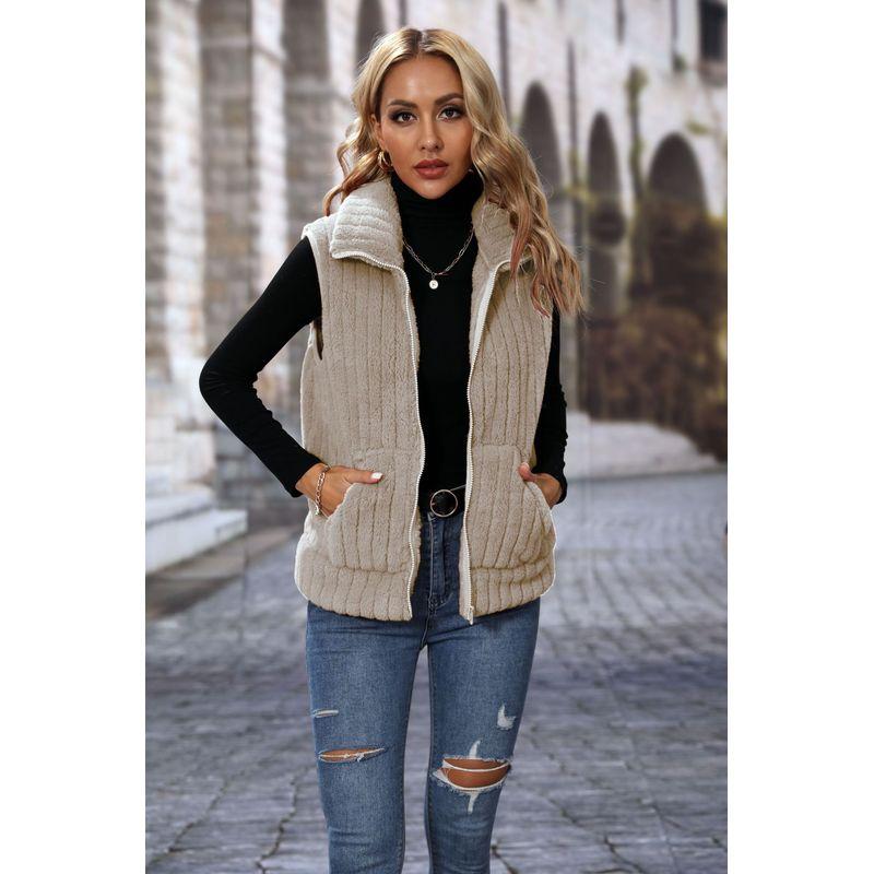 

2025 Свободная полосатая плюшевая повседневная жилетка-куртка на молнии Deep Apricot L