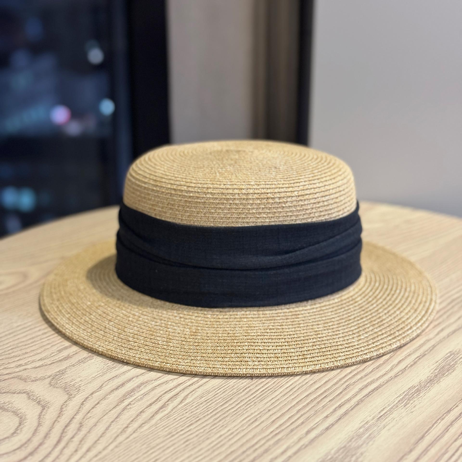 New women s summer straw hat, sun protection hat, elegant and stylish straw flat-top hat, British retro small formal hat Adult54-60Adjustable