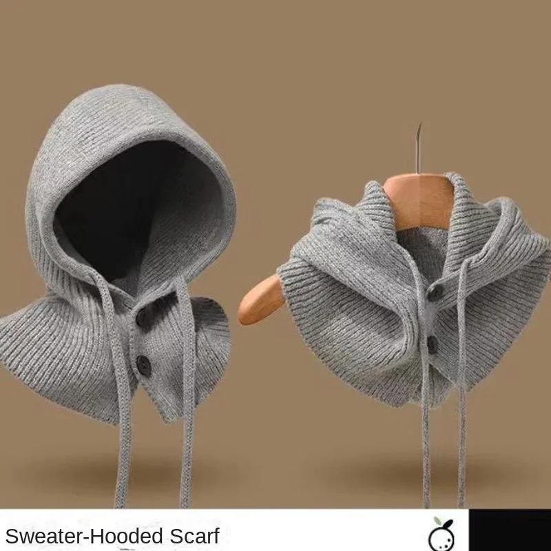 Korea Winter Hats and Scarf Set with Botton Scarf Balaclava Hat Warm Neck Set Women Knitted Wool Pullover Hat Gothic Y2k