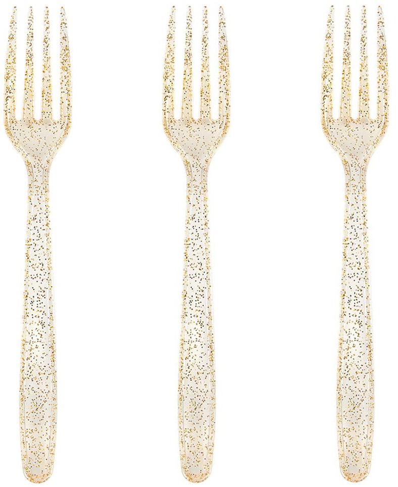 75pcs Gold Plastic Silverware- Disposable Gold Glitter Plastic Cutlery- Plastic Flatware Includes 25 Forks, 25 Spoons, 25 Knives