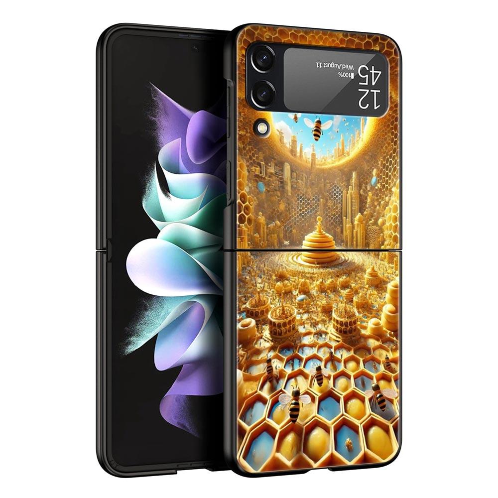 Honeybee Flower Pattern Hard PC Phone Case For Samsung Galaxy Z Flip 7 6 5 4 Black Cover For Galaxy Z Flip 3 Foldable Shell Bags