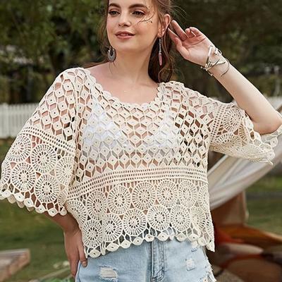 New Spring Crochet Hollow Out Pullover Women's Half Sleeved Shirt Stylish Top Loose and Versatile Cover Sun Protection Knitted