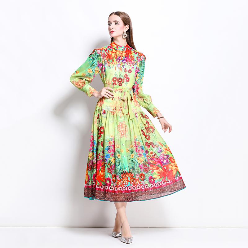 Summer Autumn Women Lantern Sleeve Vintage Print Chiffon Oversize Loose Long Maxi Holiday Beach Lace-up Dresses