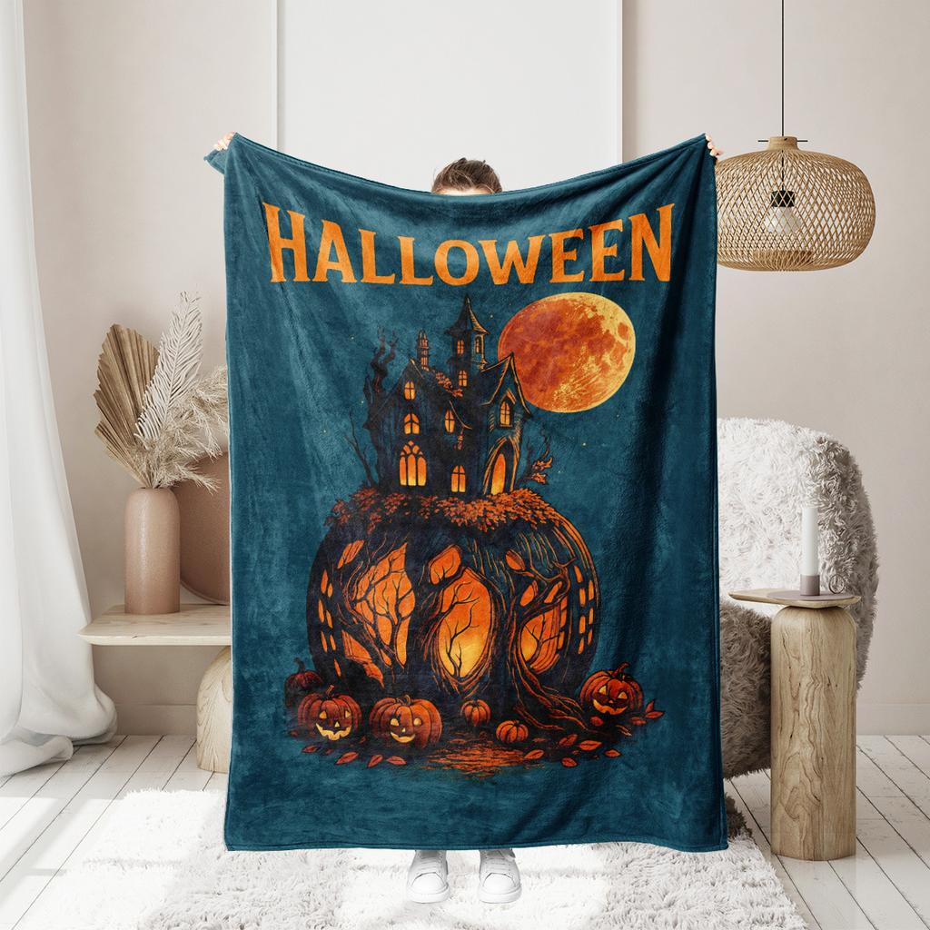 Halloween pumpkin monster bat Printed Blanket for Sofa Bed Travel Camping Living Room Office Conditioning Blanket