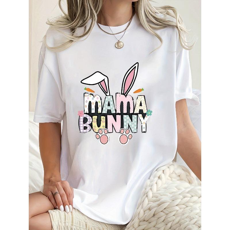 

Women s Fashionable Trendy Round Neck Short Sleeve T-Shirt with Simple English Rabbit and Carrot Pattern, Casual Sporty Tee S белый