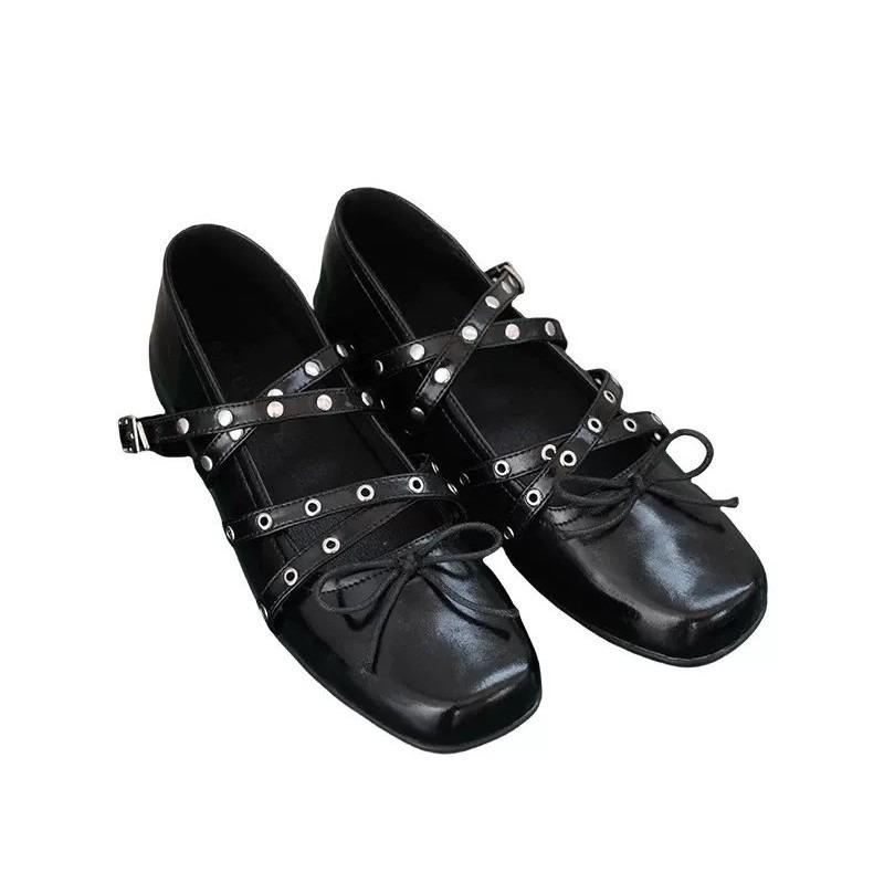 Edition~ Red Bow Small Single Shoes Women's Spring and Summer Leather Retro Shallow Rivet Ballet Flats