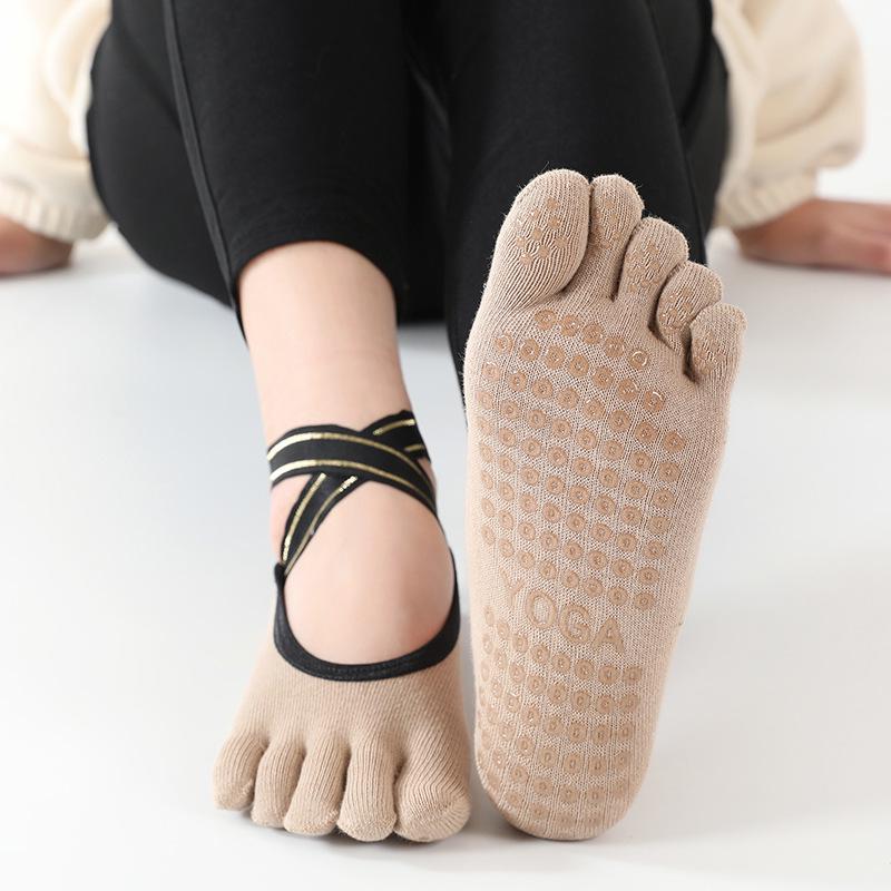 Women's Breathable Cotton Backless Fingerless Non-Slip Yoga Toe Socks with Cross Strap