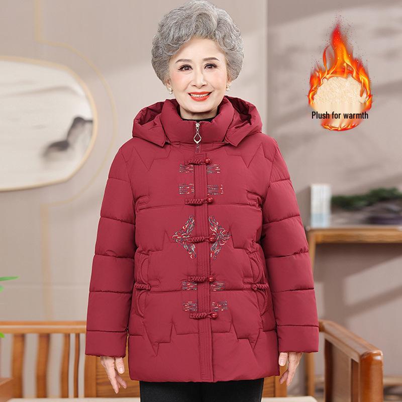 Elderly Women's Winter Jacket: Fleece-Lined Cotton Coat, New Chinese Style, Ideal for Mothers and Grandmothers