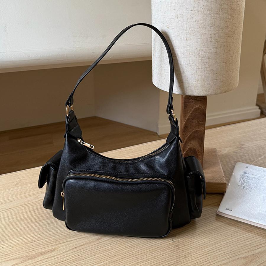 

Women Vintage Pu Leather Punk Shoulder Bag Y2k Design Black Handbag for Cool Girls Gothic Underarm Bags Commuter Underarm Bags 18x8.5x29cm чёрный