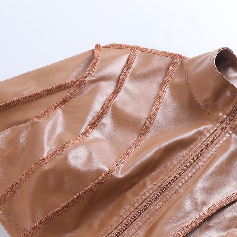 Chic Euro-American Women's PU Leather Zipper Jacket - Solid Color, Spliced, Long Sleeve, Autumn/Winter