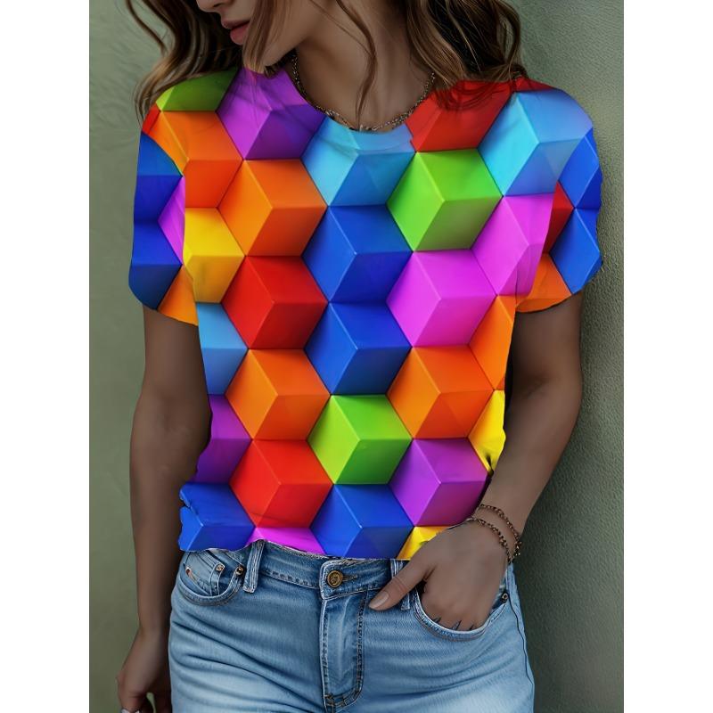 2026 New Summer Round Neck Women's T-shirt Fashion 3D Printed Love Color Printed Short Sleeve T-shirt Cartoon Casual Top
