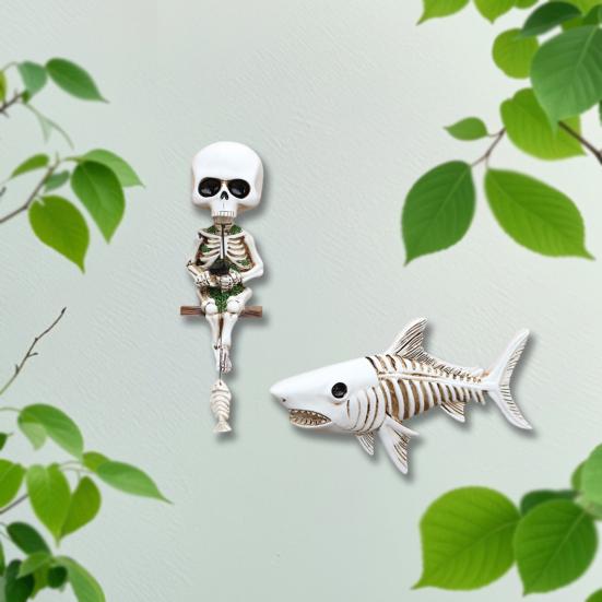Veggskjelettstatue Fiske Menneskeskjelettfigur med Hai Gotisk Resin Veggdekor Fisker Skjelett for Halloweenfester