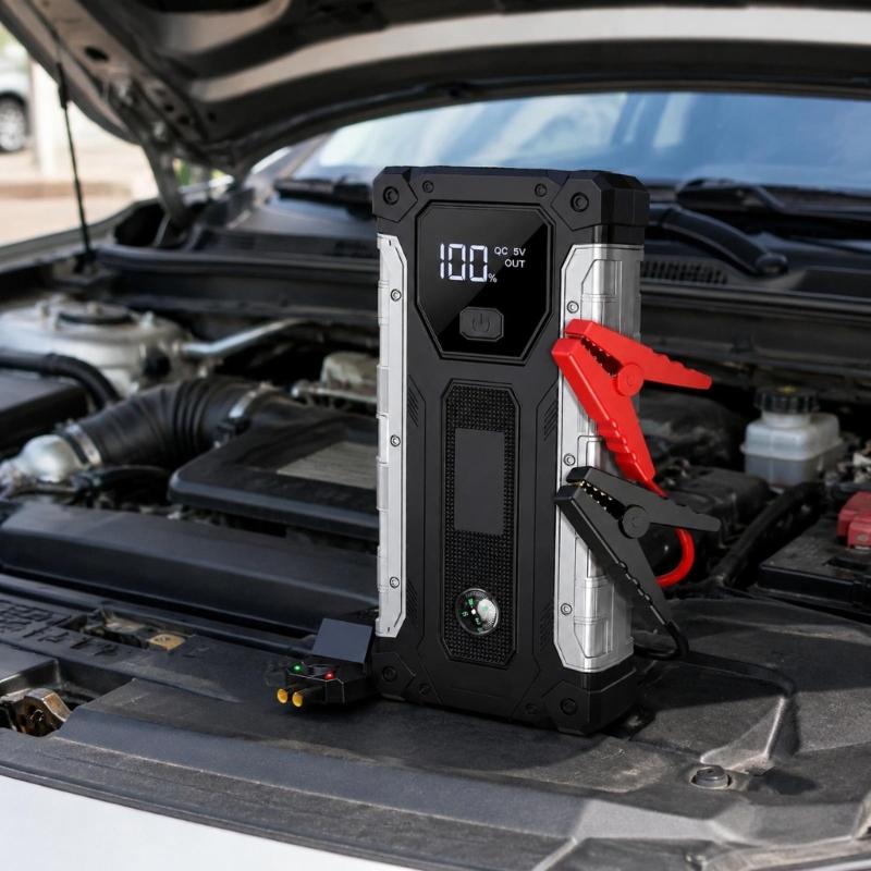 Car Starter for Depleted 12V Vehicle Batteries, with Digital Battery Display, USB Output, Integrated LED Light, Starter-Clamp Cable, and Zippered Case