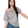 Design Sense Slant Neck Short Sleeve T-Shirt Women's Spring and Summer New Careful Machine Off-Shoulder Solid Color Bottom Shirt Women's Top