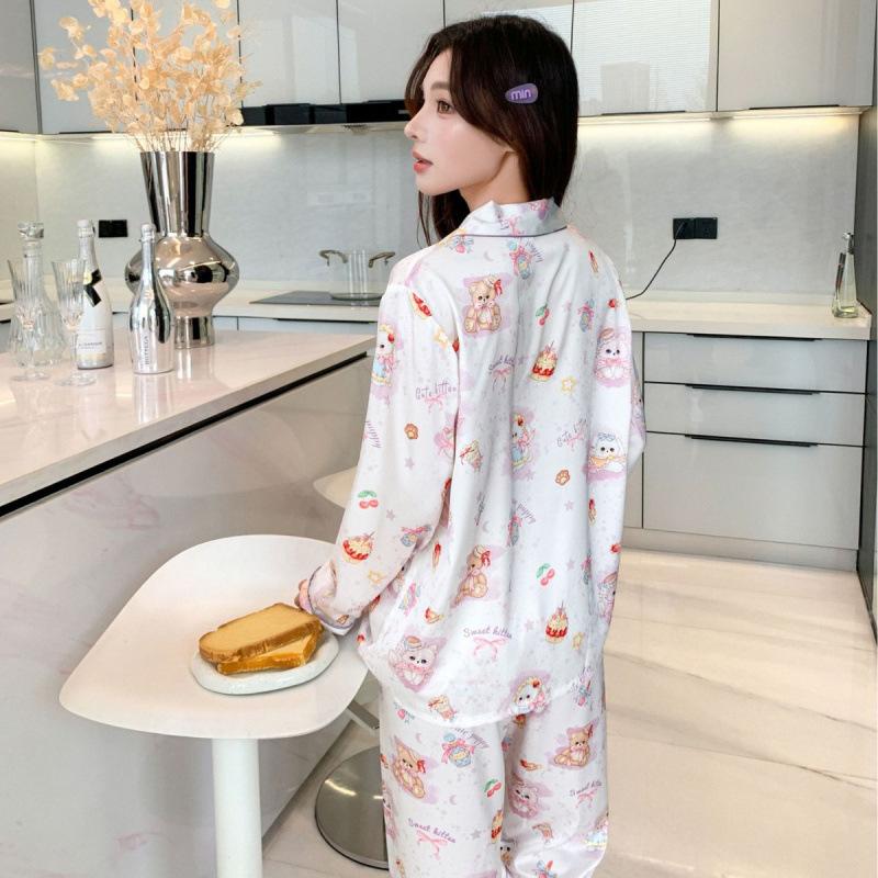 Spring and autumn new printed long-sleeved pajamas women's loungewear suit lapel cardigan cute cartoon pattern high sense