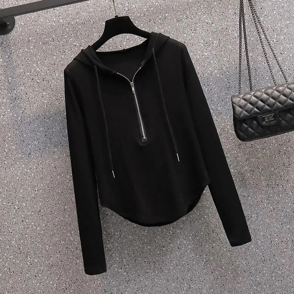 

Футболка с капюшоном и завязками на нитках, женская, с длинными рукавами, весна-осень, новая, облегающая, универсальная, с низом и верхом XS чёрный