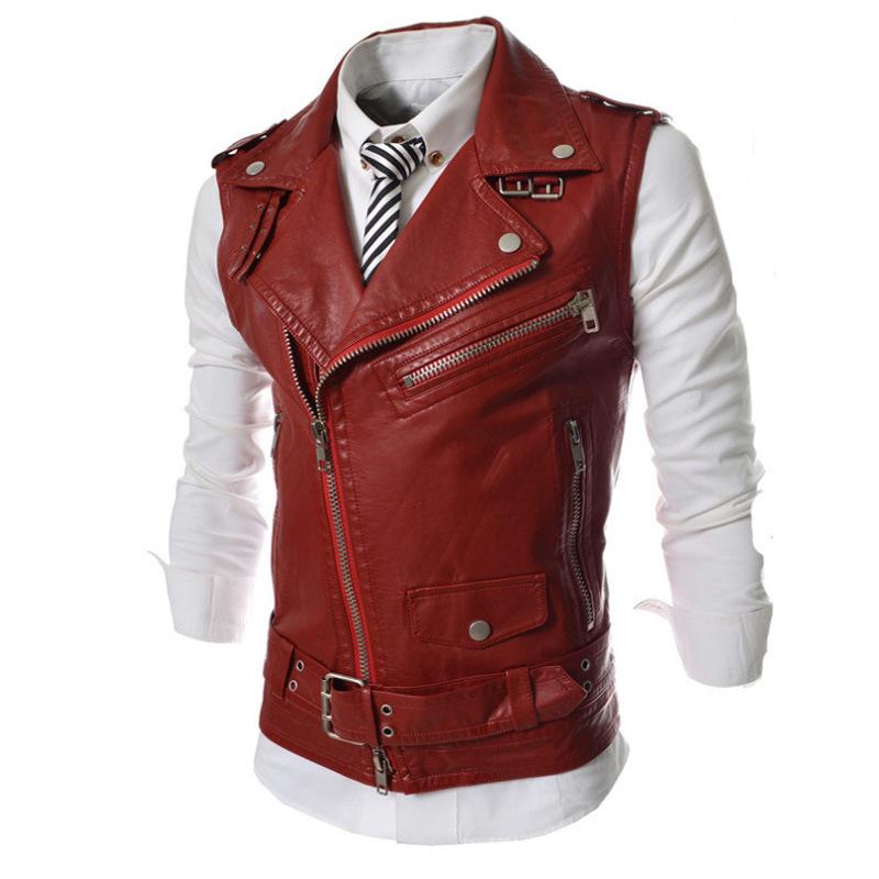 Hot + Men's Leather Vest Slim Fit Multi Zipper Lapel Short Leather Vest Jacket 5641