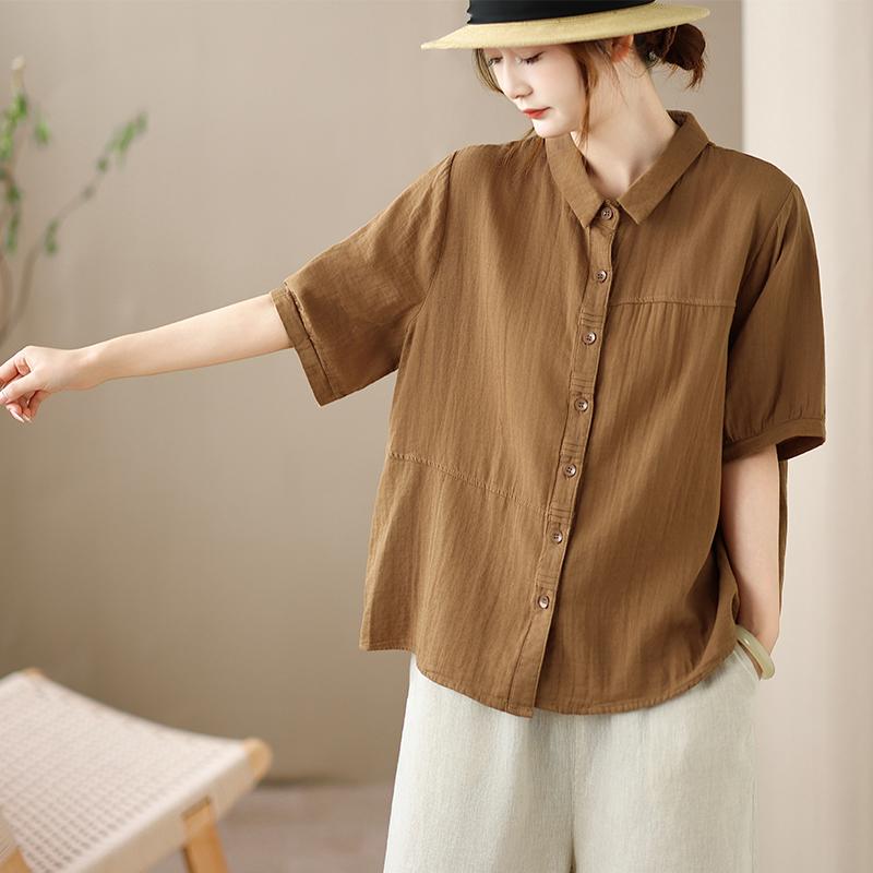 

DIMANAF 2026 Plus Size Summer Women Blouse Shirts Casual Lady Tops Tunic Shirt Oversize Loose Tees Cotton Linen Vintage One size колір світло кави