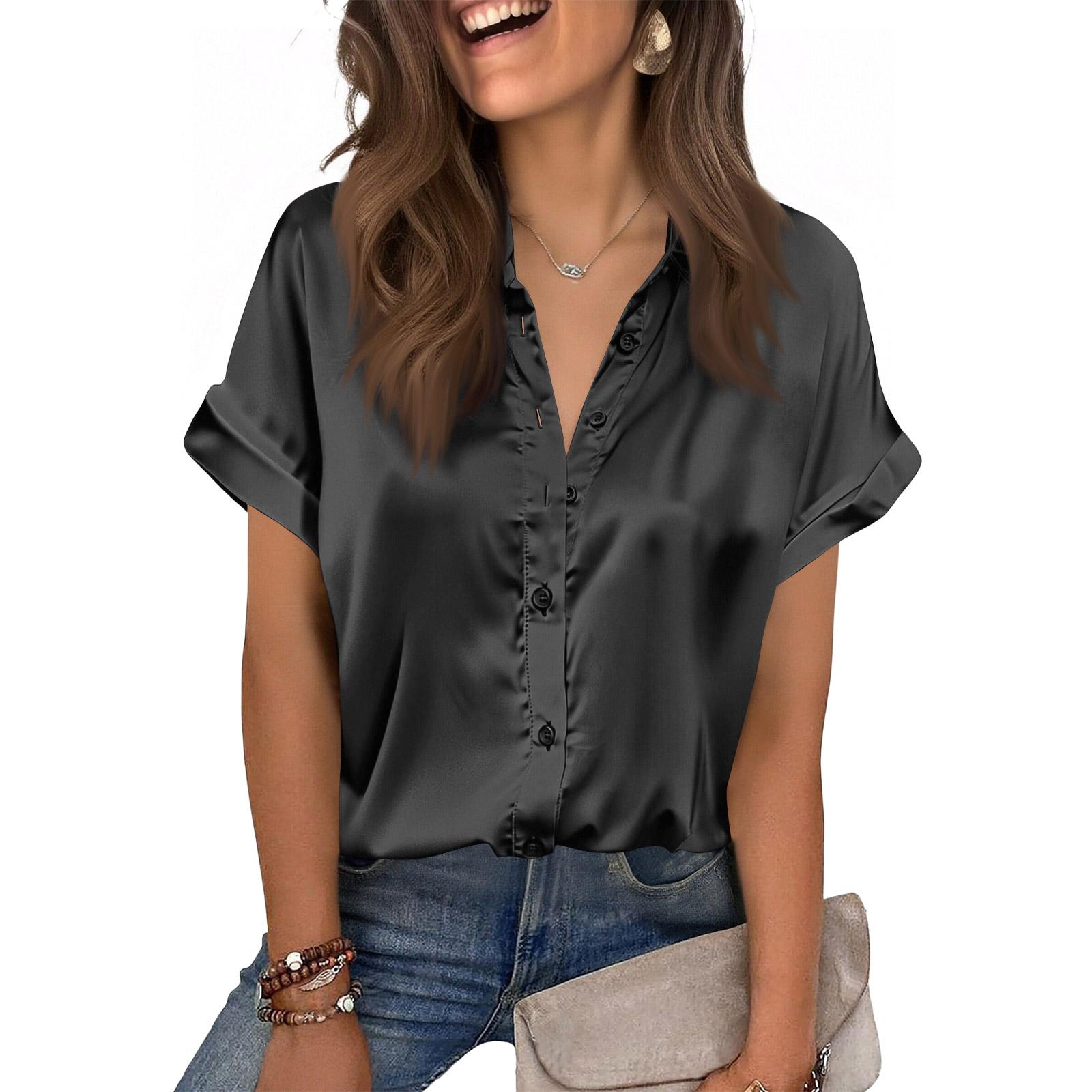 Women s Fashion Casual Short-Sleeve V-Neck Button Top M чёрный