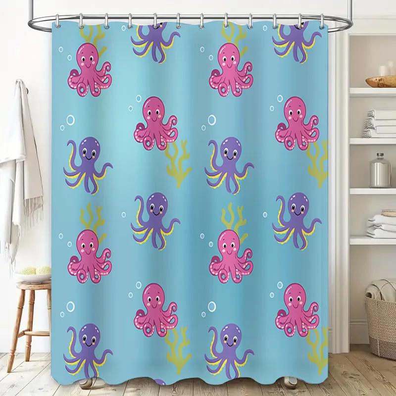 Octopus Bath Shower Curtain Kids Cartoon Blue Bathroom Decor Waterproof Washable Home Decoration