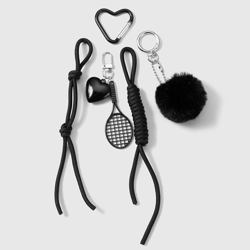 Black Braided Rope Keychain Three-Dimensional Love Ball Racket Cherry Charm Pendant Keyring  Simple Bag Decoration