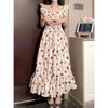 Square Collar Rose Floral Suspender Dress Summer Seaside Vacation Thin Beach Dress Small Fly Sleeves Medium and Long Skirt